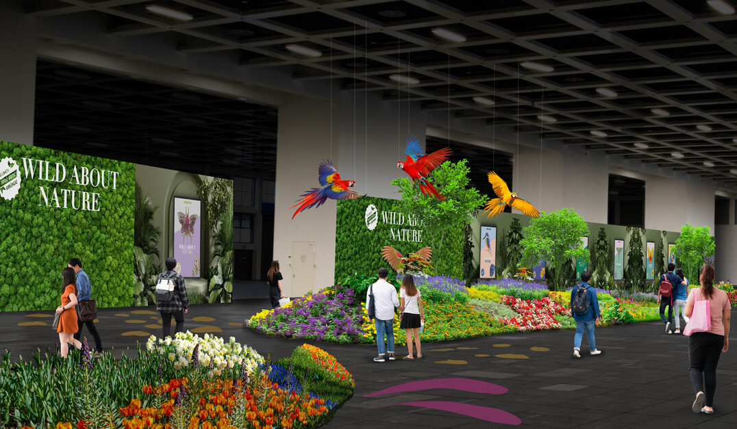 Die Visualisierung zeigt, wie die Blumenhalle auf der Internationalen Grünen Woche 2023 in Berlin aussehen soll.