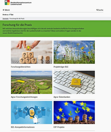 Auf www.praxis-agrar.de/forschung finden sich Forschungsbersichten, Einrichtungen, Agrar-Datenbanken und Frdermglichkeiten. 