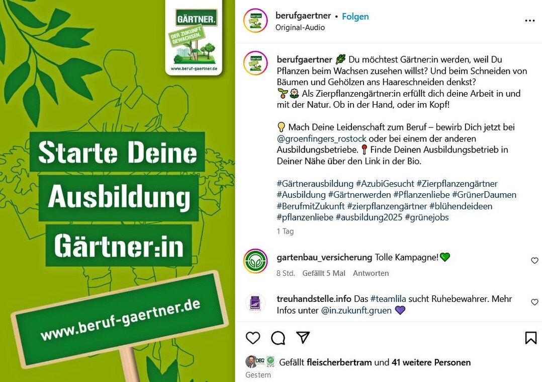 Auf dem Instagram-Kanal @berufgaertner wurde das erste Recruiting-Video im Rahmen der Nachwuchswerbekampagne verffentlicht.