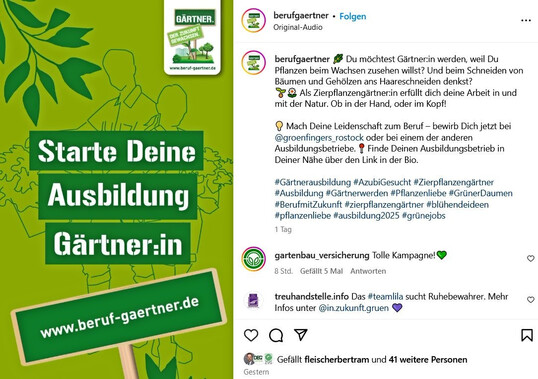 Auf dem Instagram-Kanal @berufgaertner wurde das erste Recruiting-Video im Rahmen der Nachwuchswerbekampagne verffentlicht.