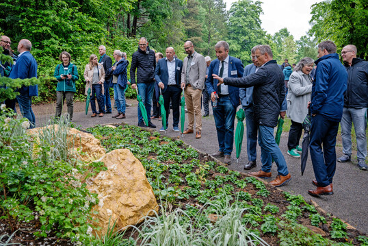 Die Veranstaltung begann mit einem Rundgang über den Buchhainfriedhof in Stuttgart-Vaihingen mit Thorsten Baege (Geschäftsführer Württembergische Friedhofsgärtner eG) und Karola Ortmann (Amtsleiterin Garten-, Friedhofs- und Forstamt Stadt Stuttgart).