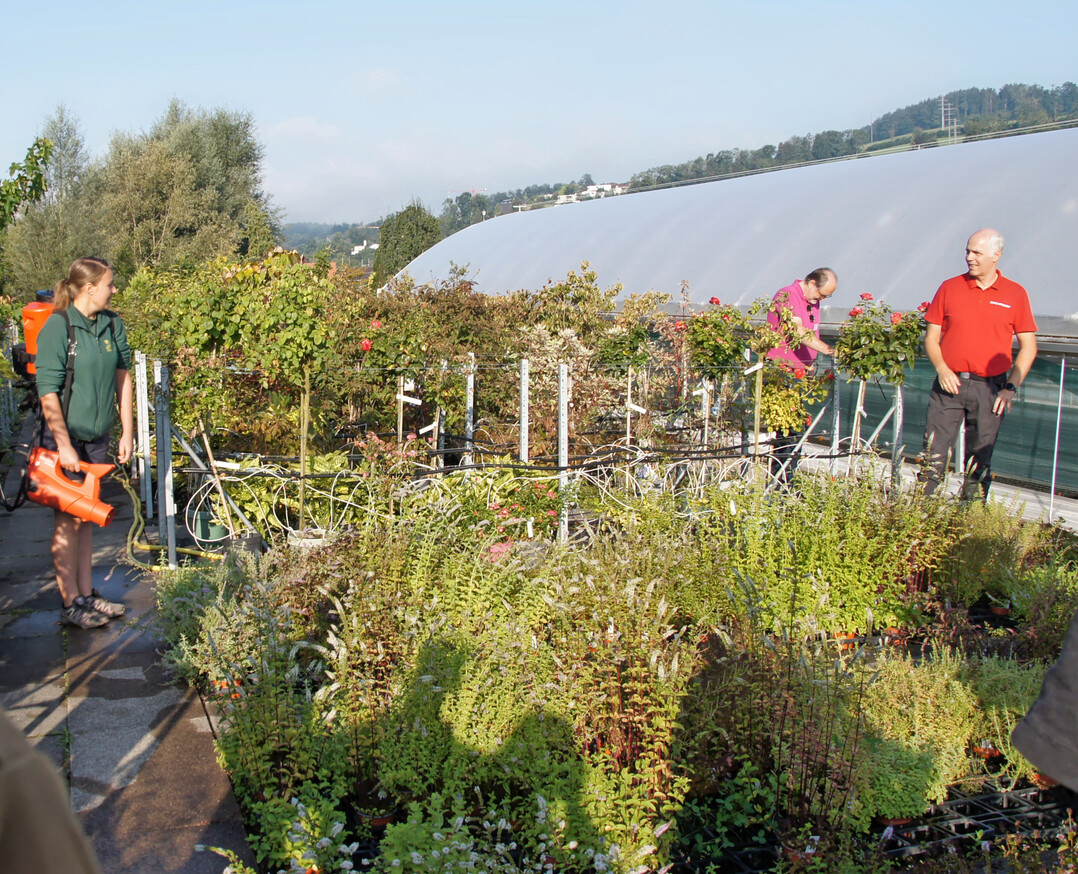 Vorführung des Sprühgeräts im Staudenbeet bei Herrmann Garten und Blumen in Baar: Marlen Bucher im Dialog mit Peter Hölzer, dem Verkaufsleiter von Birchmeier in Deutschland.
