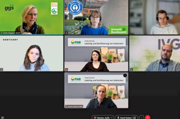 Zertifizierung torffreier und torfreduzierter Hobby-Substrate war Thema eines Online-Seminars. Von oben links bis unten rechts: Ulrike Wegener, GGS, Janine Braumann, Umweltbundesamt, Johannes Grote, FH Erfurt und Moderator, Katrin Jäger, Meo Carbon Solutions, Christin Burmeister, FNR, Philip Testroet, IVG, und Maria Spittel, FNR.