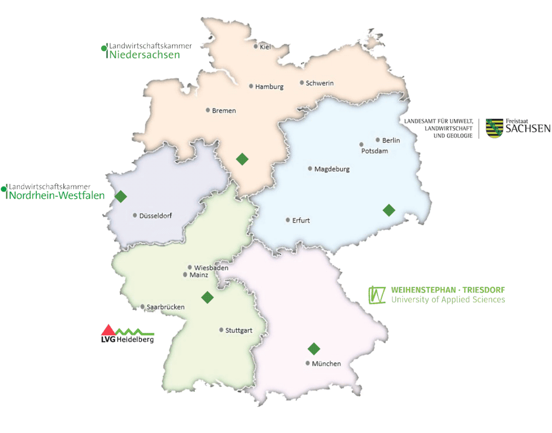 Die fnf gartenbaulichen Institutionen im Verbundvorhaben FiniTo haben sich zusammengeschlossen, um die gartenbauliche Praxis flchendeckend bei der Substratumstellung zu untersttzten. Jeder Projektpartner ist fr eine regionale Fachstelle verantwortlich.