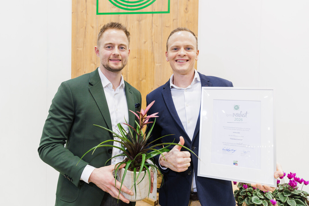 Erwin Koopstra and Johan van Vliet (Anthura BV) with the Tillandsia Camina.