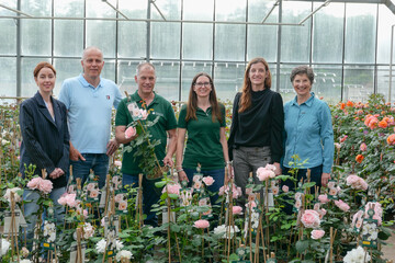 Von links: Emma Beijers (Brightlands Campus Greenport Venlo), Marcel Claus (Gemeinde Venray), Franz-Josef und Claudia Odendahl (Rosenhof Odendahl), Nicole Krttgen (Zunftsagentur Rheinisches Revier) und Dr. Anke Schirocki (Agrobusiness Niederrhein).