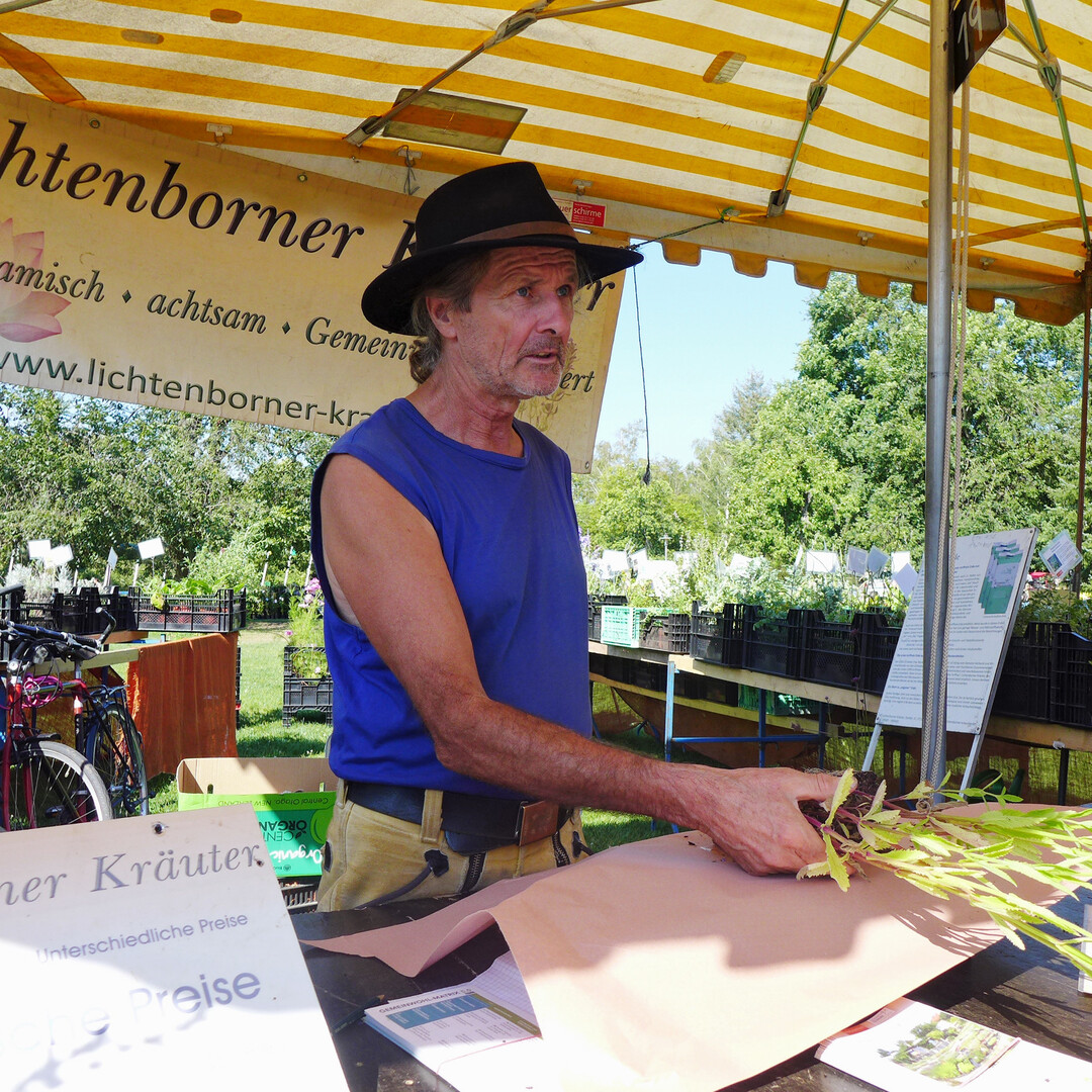 Michael Brodda aus 37181 Hardegsen-Lichtenborn hatte Lichtenborner Kruter im Angebot und gab an seinem Stand Informationen zur biodynamischen Anbauweise.