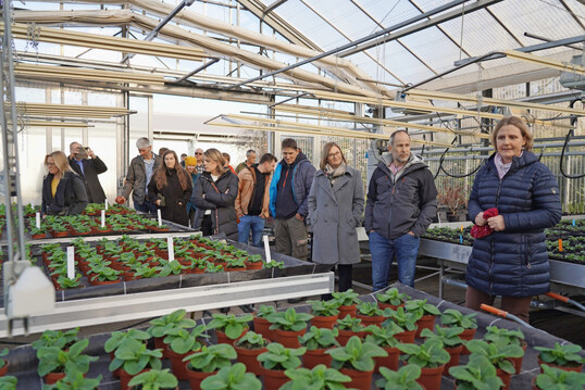 Dr. Luise Radermacher (rechts) erlutert die aktuellen Versuche zur Energieeinsparung in der Zierpflanzenproduktion in den Gewchshusern des Lehr- und Versuchszentrums Gartenbau im TLLLR.