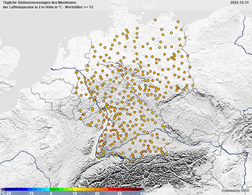 DWD-Stationen, die am 31.12.2022 eine Hchsttemperatur von 15 C oder mehr registrierten.