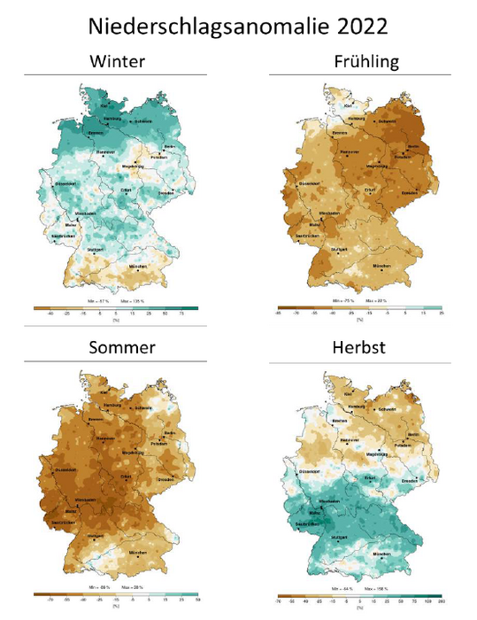 Abb. 8: Rumliche Verteilung der Abweichungen der Niederschlagssummen im vieljhrigen statistischen Vergleich. Gezeigt sind die Werte fr die Jahreszeiten 2022 im Vergleich zu den vieljhrigen Mitteln 19611990.