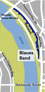 Das Blaue Band am Rhein, für das im Herbst fünf Millionen Krokusse gepflanzt wurden, reicht von den Rheinterrassen bis zur Theodor-Heuss-Brücke. Bild: IZB