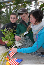 Kreativität und Teamgeist sind im Berufswettbewerb gleichermaßen gefragt wie gärtnerisches
Wissen und Können. Im Bild das Wettbewerbsteam (von links) Mathias Klemens,
Florian Siemons, Paula Davelaar-Burgers bei der Aufgabe „Kreativität“.