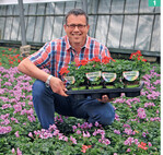 Restlos begeistert ist Johannes Willems von seinen torffrei kultivierten Pelargonien. Jede Pflanze trägt ein Etikett mit der Aufschrift „Torf frei kultiviert".