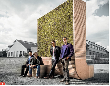Das Grnderteam vor dem Prototypen des CityTrees (v. l. n. r.: Zhengliang Wu, Dénes Honus, Peter Snger, Victor Splittgerber)
