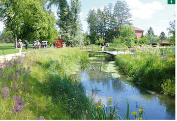 Am Bleichwall schaffen Blumen und Grser in der Verbindung mit Wasser reizvolle Kontraste.