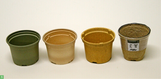 Biologisch abbaubare Tpfe, von links der D-Grade (Desch), der Duo Bio (Sparco), der NaturePot (Napac) und der Speedypot (Jiffy)