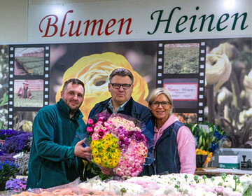 berall gibt es wieder Aktionen und Events. Auf dem Blumengromarkt Dsseldorf stellten die drei grten Erzeuger von Ranunkeln Ende Mrz ihre Produkte in aller Breite und Tiefe in einem gemeinsamen Auftritt vor. Auf dem Bild Hans-Peter Heinen mit seinen Mitarbeitern Daniel Oprea und Moni Fella.