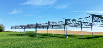 Bei Drre sogar ertragssteigernd: Hoch aufgestnderte Agri-Photovoltaikanlagen schtzen durch Beschattung.