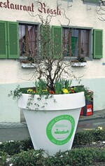 Einer von 500 bepflanzten Riesentöpfen, die zurzeit in der Schweiz Werbung für den Gartenbau machen