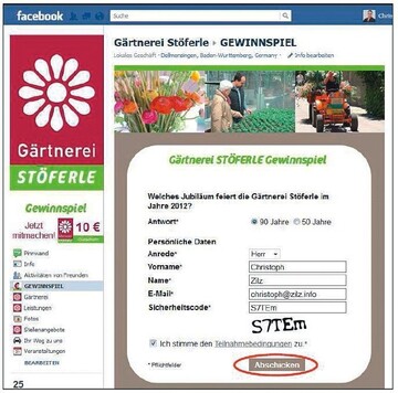 Im Gartenbau haben bislang nur wenige Firmen den Schritt ins Web 2.0 gewagt, ein Beispiel zeigt die Abbildung der Facebook-Seite der Grtnerei Stferle, die unter anderem ihren Kunden ein Gewinnspiel ber Facebook angeboten hat.