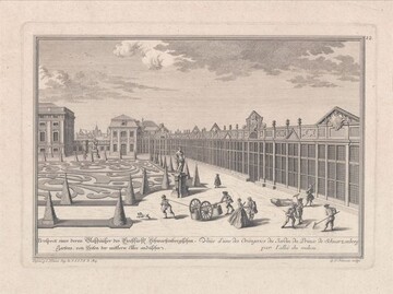 Grtner harken und walzen Parkwege vor der Orangerie des Gartenpalais des Prinzen Schwarzenberg in Wien, um 1730. 