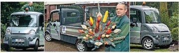 Volker Meyer mit seinem vielseitigen Lastesel im Retrodesign vor dem Ladengeschft in Essen und im Einsatz auf dem Friedhof