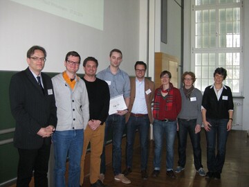 Finalisten der Green Challenge 2014, von links nach rechts: Prof. Christian Ulrichs (DGGPrsident), Daniel Brohm, Jochen Flenker, Fokko zur Mhlen (Gewinner der Green Challenge 2014), Paul Lampert, Regina Fuhrmann, Antje Felgendreher, Prof. Traud Winkelmann (Jurymitglied).