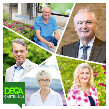 Reprsentantinnen und Reprsentanten grner Berufsverbnde gratulieren zum Jubilum - von oben links im Uhrzeigersinn: Hermann Berchtenbreiter (Prsident des Bayerischen Grtnerei-Verbandes), Helmut Selders (Prsident des Bunds deutscher Baumschulen), Martina Mensing-Meckelburg (Prsidentin im Verband Deutscher Garten-Center), Eva Khler-Theuerkauf (Prsidentin im Landesverband Gartenbau Nordrhein-Westfalen), Lutze von Wurmb (Prsident des Bundesverbands Garten-, Landschafts- und Sportplatzbau).