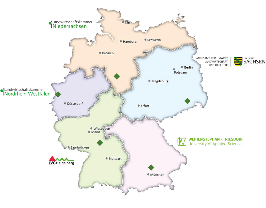 Die fnf gartenbaulichen Institutionen im Verbundvorhaben FiniTo haben sich zusammengeschlossen, um die gartenbauliche Praxis flchendeckend bei der Substratumstellung zu untersttzten. Jeder Projektpartner ist fr eine regionale Fachstelle verantwortlich.