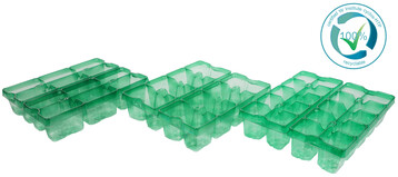 Alle drei Trays haben exakt die gleichen Abmessungen; auch die Griffffnungen und die Etikettenschlitze befinden sich an der gleichen Stelle, sodass die Maschine beim Wechsel auf eine andere Verpackung nicht neu eingestellt werden muss.