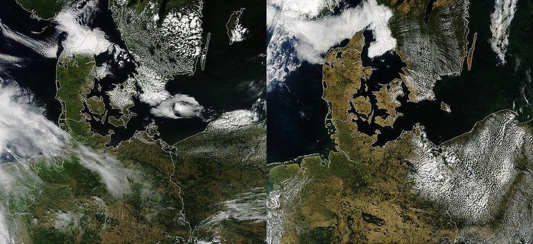 Hier wird ein Vergleich von Norddeutschland und Dnemark zwischen dem 19. Juli 2017 und dem 24. Juli 2018 gezeigt, und alle braunen Flchen (Echtfarben Image) deuten auf Drre hin.  