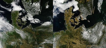 Hier wird ein Vergleich von Norddeutschland und Dnemark zwischen dem 19. Juli 2017 und dem 24. Juli 2018 gezeigt, und alle braunen Flchen (Echtfarben Image) deuten auf Drre hin. 