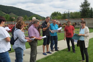 Die Teilnehmer des BdF-Arbeitskreises Pflanze besichtigen die Versuche mit Beet- und Balkonpflanzen des schsischen Landesamtes fr Umwelt, Landwirtschaft und Geologie in Dresden-Pillnitz