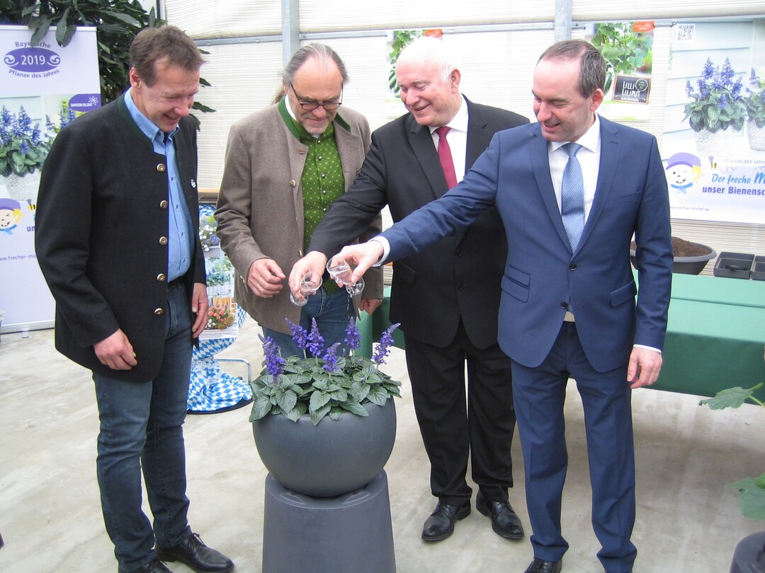 Staatsminister Hubert Aiwanger tauft den Frechen Michel, v. l. Aktionsvorsitzender Martin Schwarzer, Rolf Holzleitner (Brgermeister Markt Reisbach), Heinrich Trapp (Landrat Landkreis Dingolfing-Landau),  Hubert Aiwanger  
