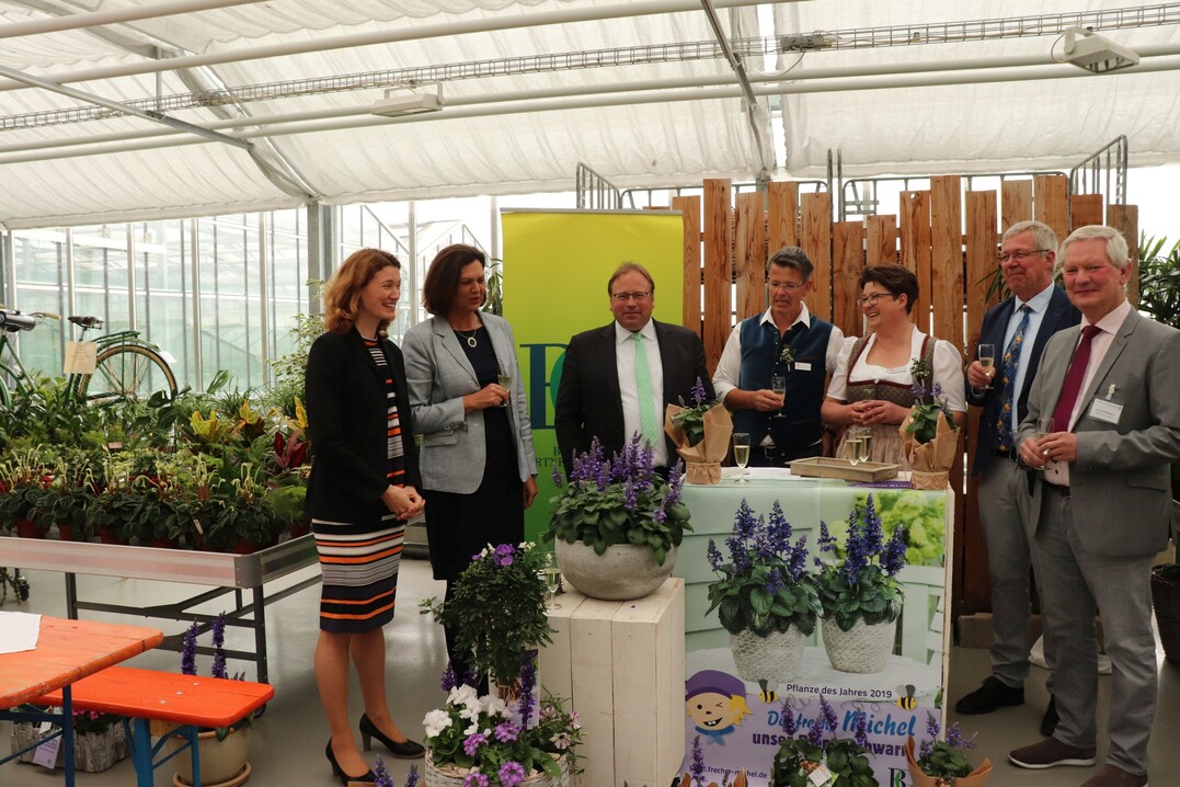 Landtagsprsidentin Ilse Aigner (2.v.l.) freute sich in der Grtnerei Bendler in Regensburg den Frechen Michel taufen zu drfen. Mit dabei (v. l.): Landrtin Tanja Schweiger, Bernd Fischer (BGV-Bezirksvorsitzender fr die Oberpfalz), Betriebsinhaber Stefan Roth, Monika Roth, BGV-Vizeprsident Hermann Berchtenbreiter, sowie Josef Hofbauer, Gartenbauzentrum Bayern Mitte 