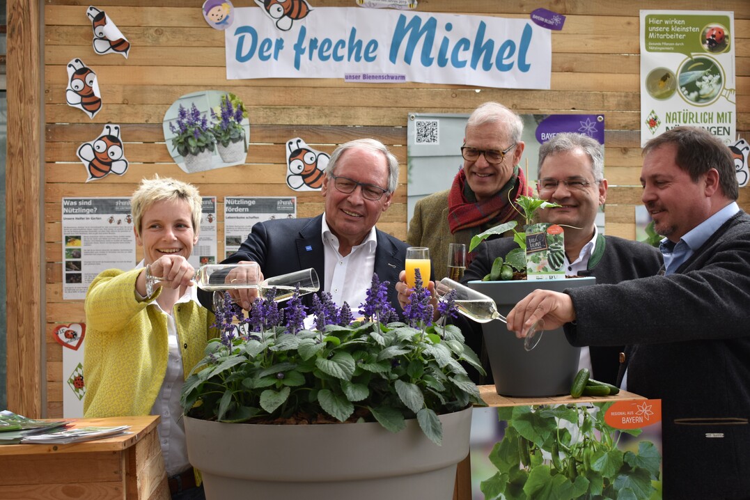 Die schwbische Pflanzentaufe fand in Fischen im Allgu statt. Landrat Anton Klotz taufte dort den Frechen Michel und Lilli Liliput als Gemse des Jahres. Mit dabei ganz links Betriebsinhaberin Stefanie Frank sowie (v.r.n.l.) BGVBezirksvorsitzender Andreas Zwickel, Brgermeister Edgar Rlz und Dr. Wolfgang Besener, Leiter des Gartenbauzentrums Bayern Sd-Ost 