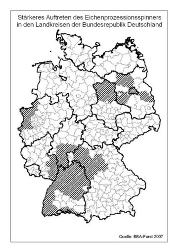 Die bersichtskarte der BBA zeigt die Regionen, wo mit Problemen durch die Raupenhaare des Eichenprozessionsspinners gerechnet werden muss