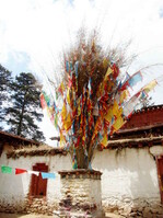 Gebetsfahnen kann man auch senkrecht aufhängen, was sogar an Klöstern praktiziert wird.