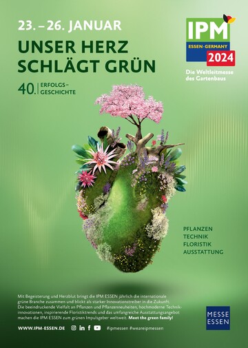 Mit dem Slogan Unser Herz schlgt grn und einem Bild, das ein mit Pflanzen bewachsendes Herz zeigt, kommen die groe Verbundenheit zwischen Branche und IPM ESSEN sowie die Bedeutung der Fachmesse als Taktgeber fr Innovationen zum Ausdruck.