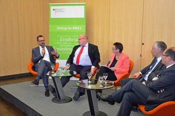 Beim Dialog im BMEL diskutierte ZVG-Generalsekretr Bertram Fleischer mit Bundesminister Christian Schmidt und Kanzleramtschef Peter Altmaier sowie dem kommunalen Spitzenvertreter Dr. Marco Trips Chancen und Herausforderungen von Migration im lndlichen Raum. (v.l.n.r., 2.v.r. Moderatorin