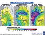 Niederschlagsanalyse auf Basis von
„Radolan“ für die Dauerstufe 24
und 72 Stunden bis zum 15. Juli
2021, 05:50 UTC (07:50 Uhr MESZ).