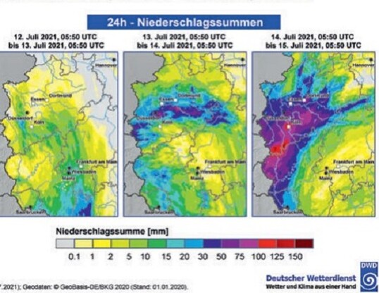 Niederschlagsanalyse auf Basis von 
Radolan fr die Dauerstufe 24 
und 72 Stunden bis zum 15. Juli 
2021, 05:50 UTC (07:50 Uhr MESZ).
  