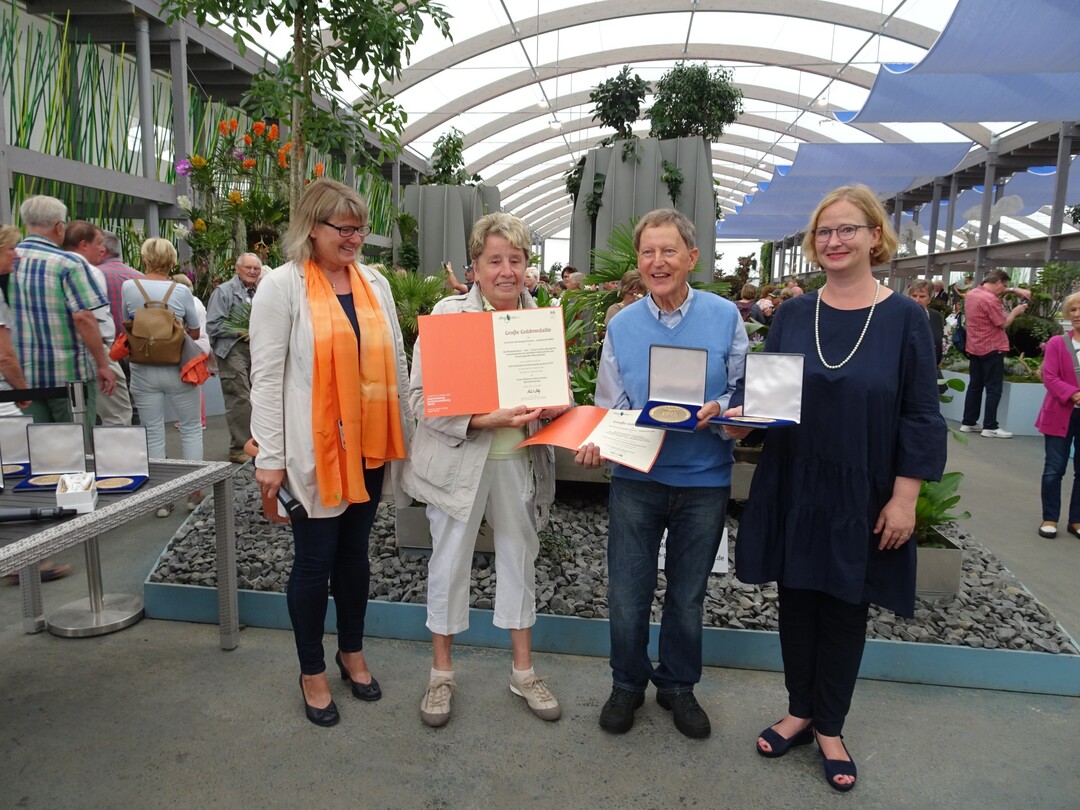 Elke und Klaus Stckmann nahmen gleich zwei die Ehrungen entgegen: Zur Groen Goldmedaille fr die aktuelle Schau gab es noch die fr die vergangene Rhododendronschau. IGA-Geschftsfhrerin Katharina Lohmann (r.) und Renate Behrmann (l.), grtnerische Beauftragte, gratulierten. 