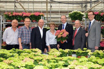 (Von links nach rechts): Peter
Engels, Josef Engels, Gnter Bayer, Verbandsdirektor des Landesverbandes Gartenbau
Rheinland, Karin Engels, Axel Voss, MdEP, Raimund Korbmacher, Geschftsfhrer des Blumengromarktes Kln, Stephan Jrgenliemk, Europa-Referent des Zentralverbandes
Gartenbau.
