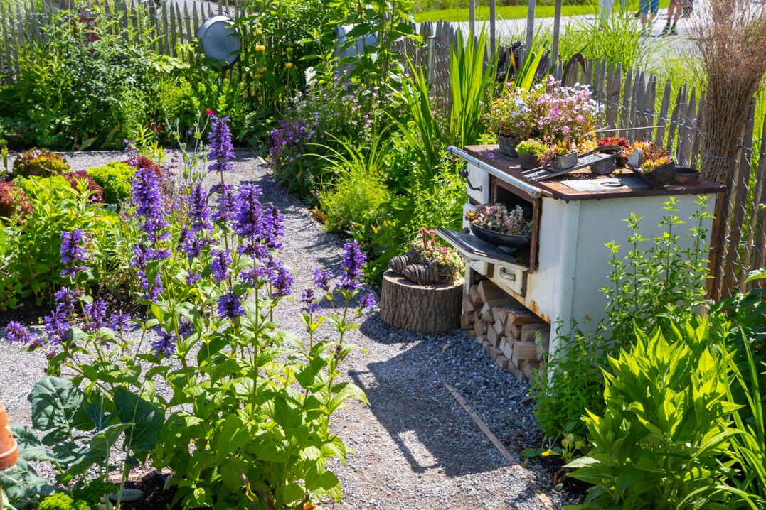 Bauerngarten mit altem, bepflanzten Herd